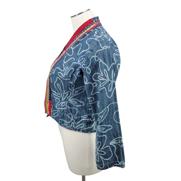 Chico's Blue Jean Denim Jacket with Multicolor Trim Bleached Floral Pattern - Picture 2 of 12